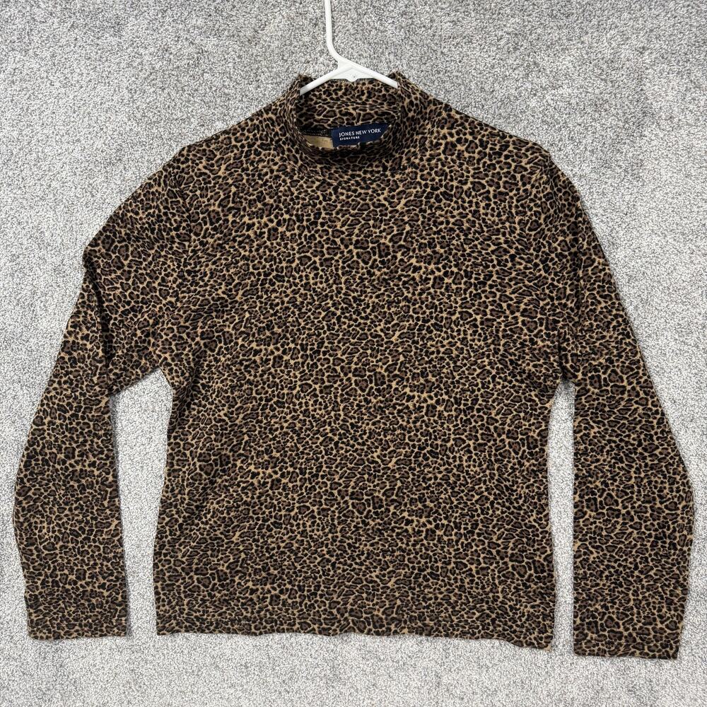 Jones New York Signature Shirt Large Brown Leopard Print Mock Neck Mob Wife Y2K